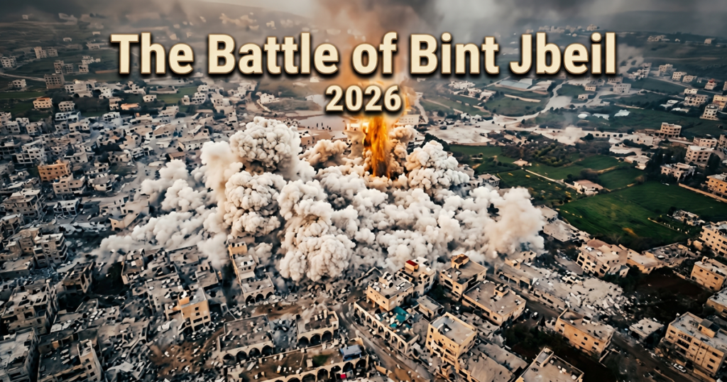 Large explosion and smoke plume over a town with text The Battle of Bint Jbeil 2026